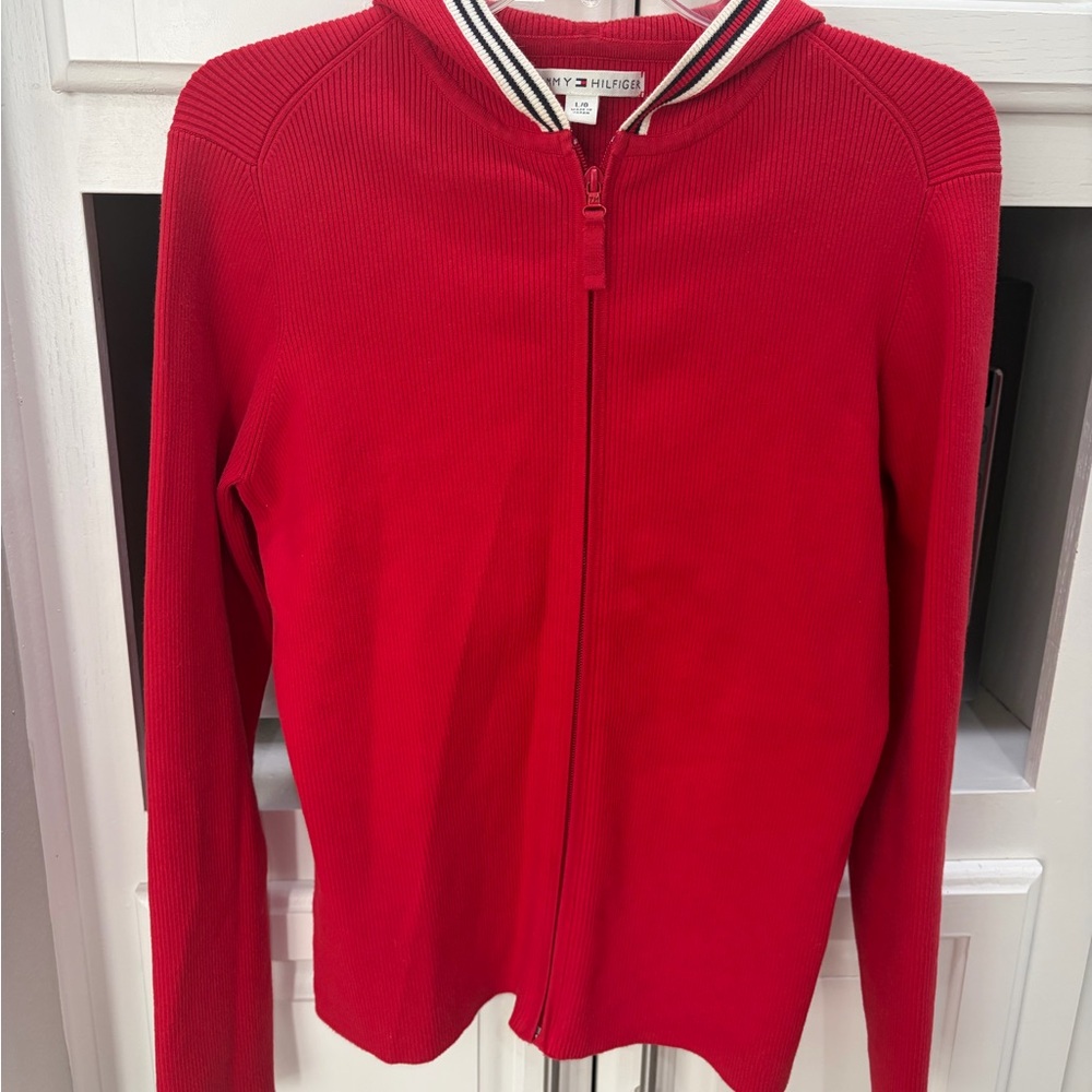 Tommy Hilfiger Ribbed Red Knit full zip up hoodie sweater Slim fit EUC - Picture 11 of 13